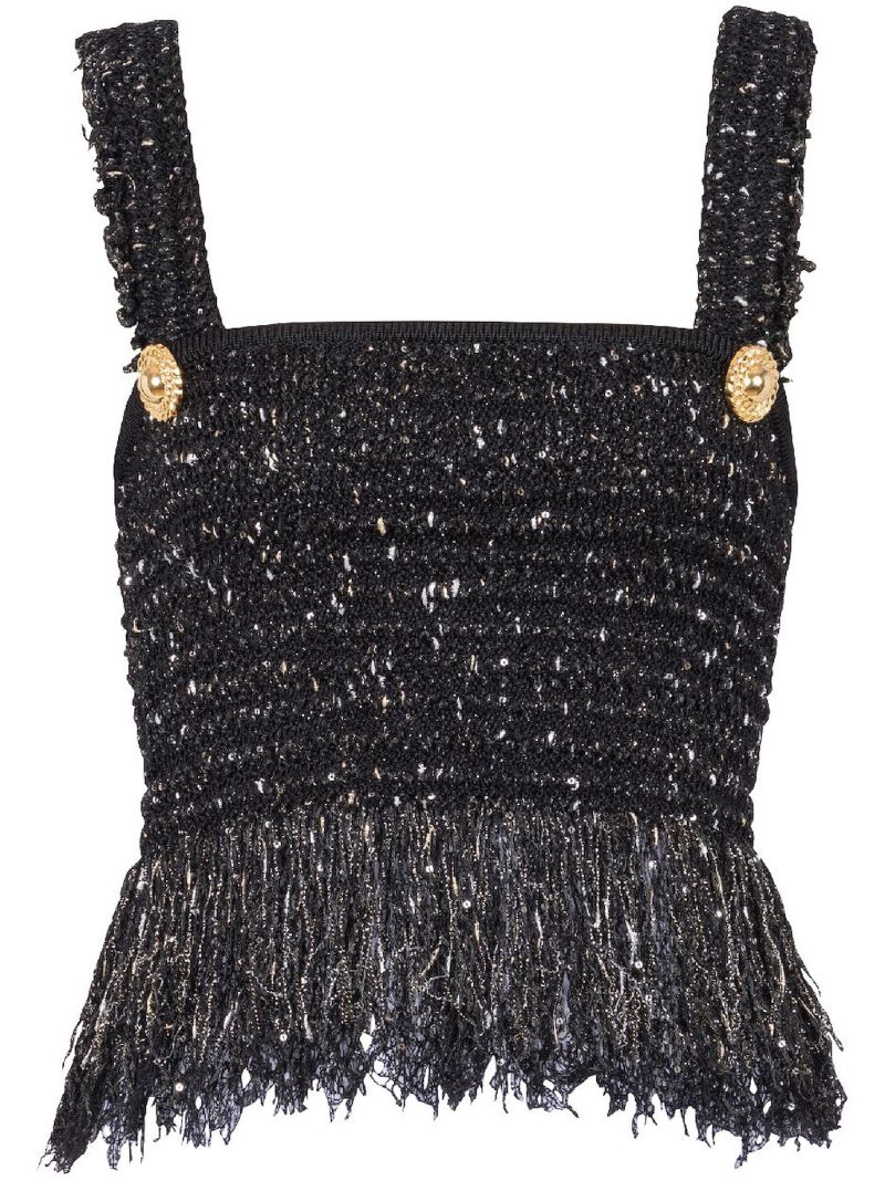 Black Lurex Tweed Fringed Top
