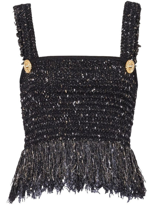 Black Lurex Tweed Fringed Top
