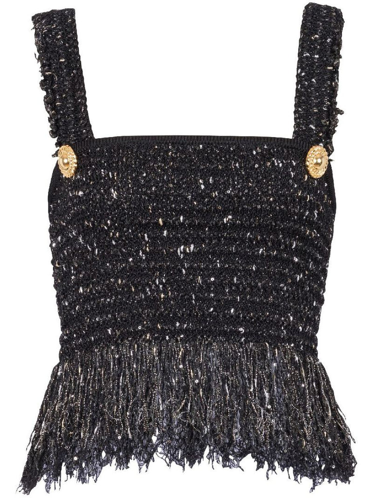 Black Lurex Tweed Fringed Top