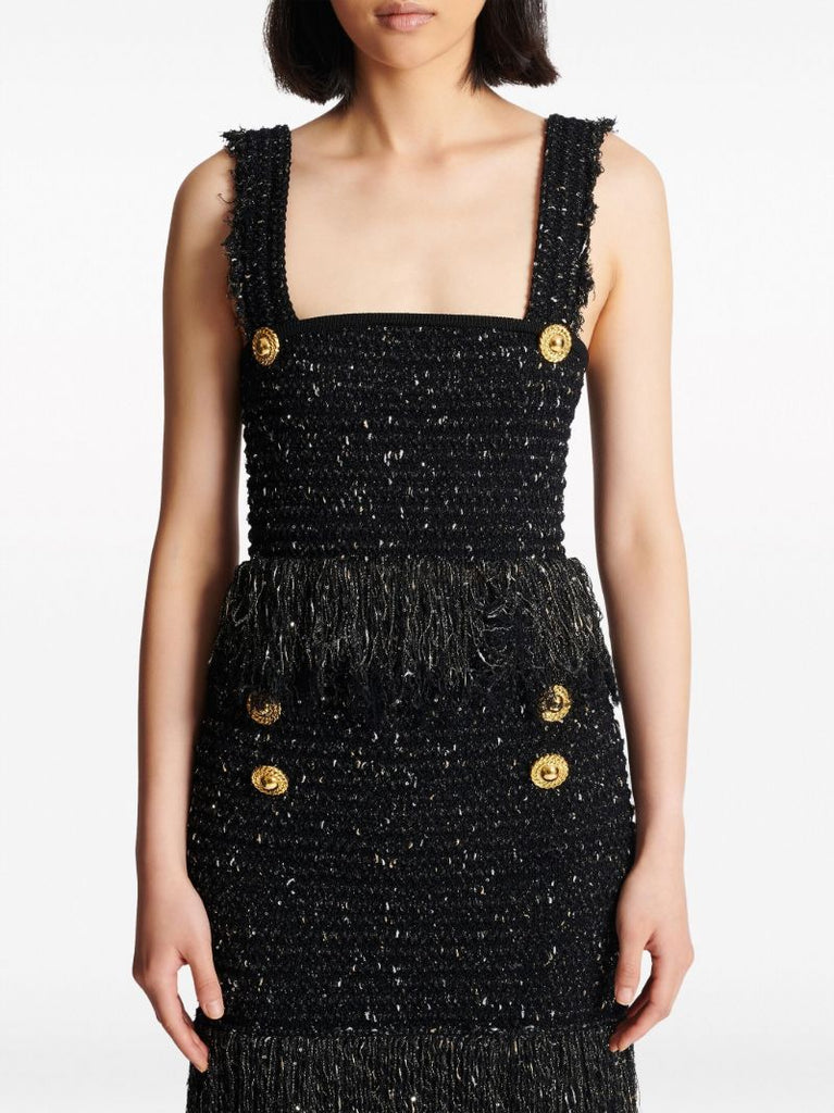 Black Lurex Tweed Fringed Top