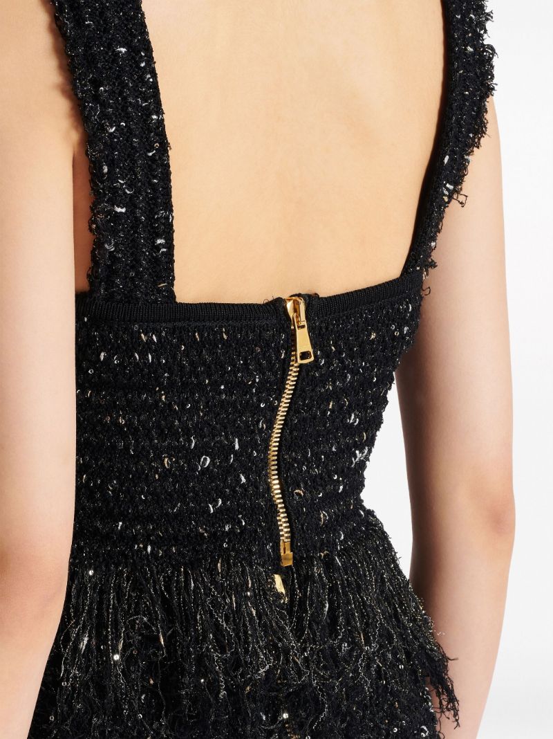 Black Lurex Tweed Fringed Top