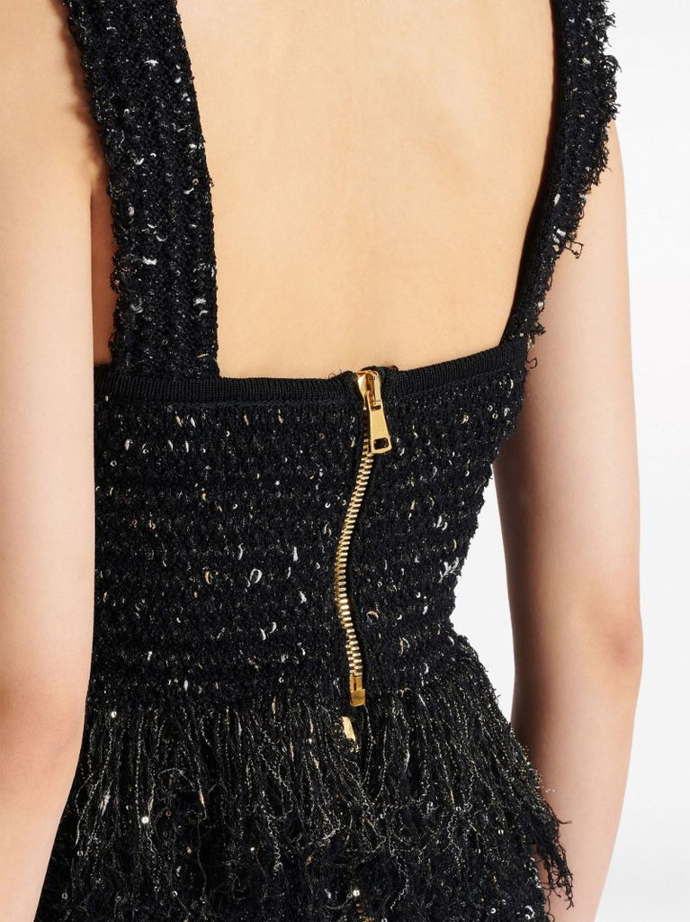 Black Lurex Tweed Fringed Top