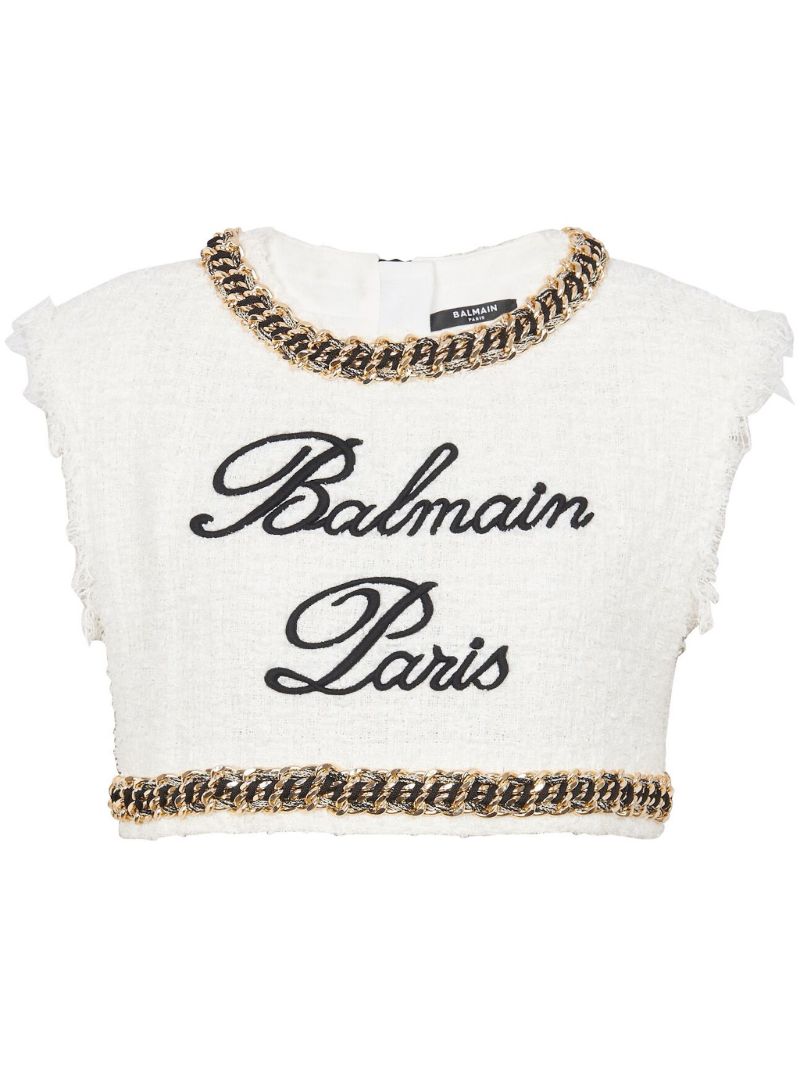 White Logo-embroidered Tweed Top