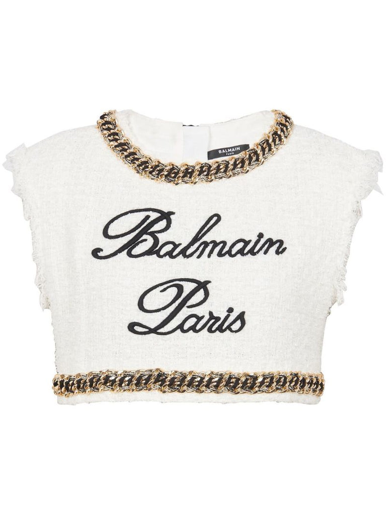 White Logo-embroidered Tweed Top