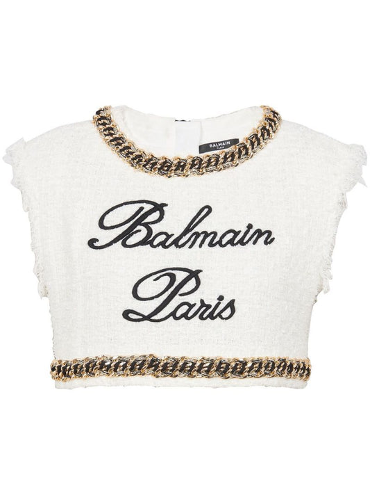 White Logo-embroidered Tweed Top