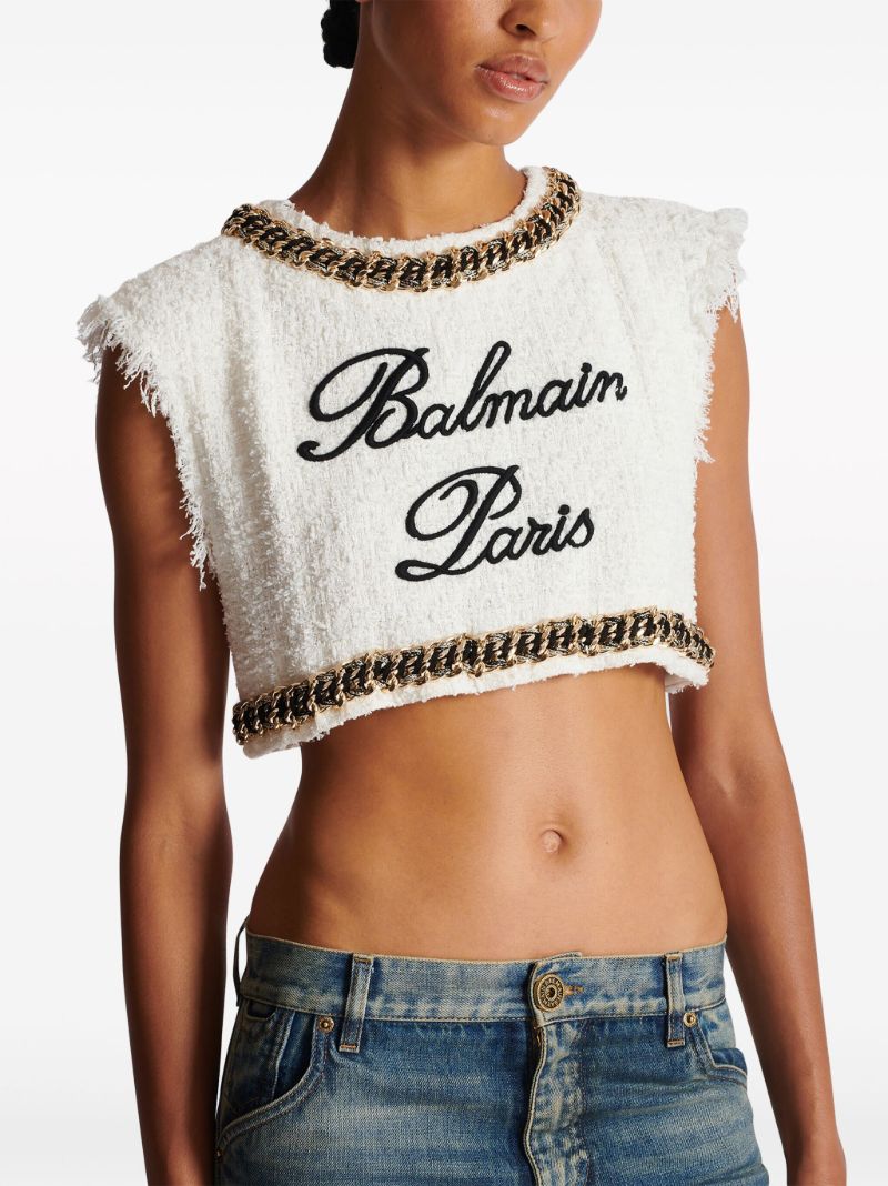 White Logo-embroidered Tweed Top