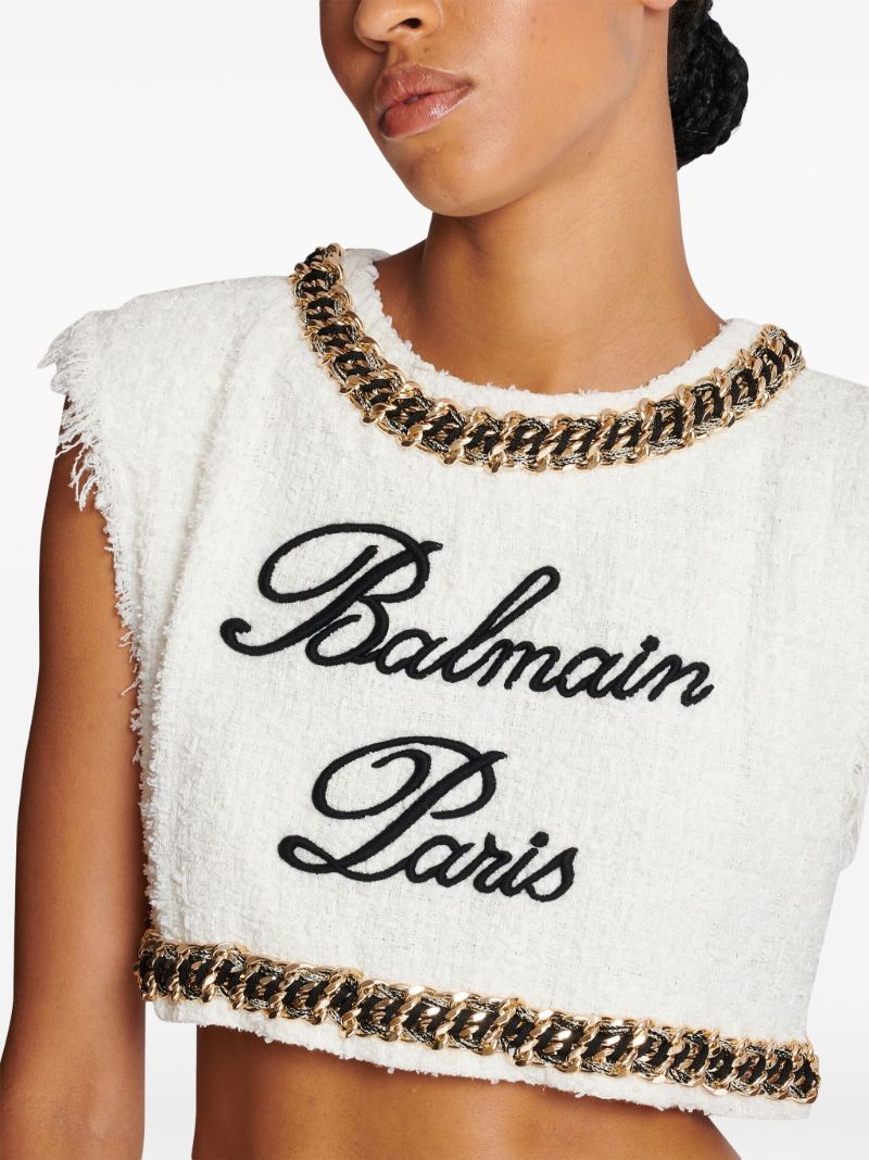 White Logo-embroidered Tweed Top