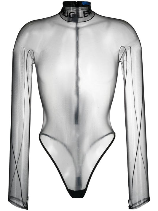 Black Logo-embossed Sheer Bodysuit