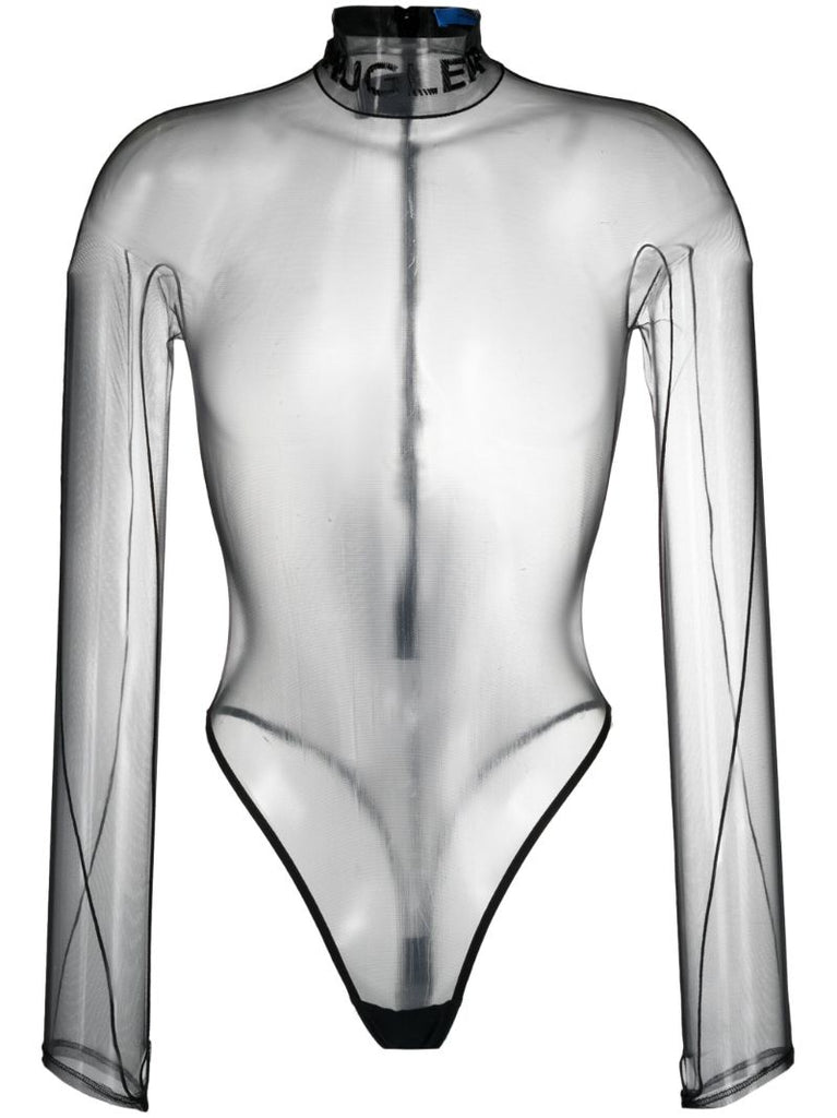 Black Logo-embossed Sheer Bodysuit