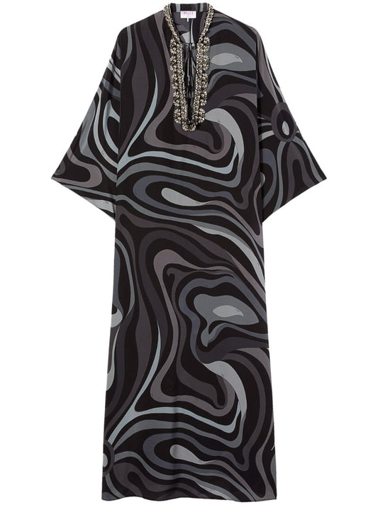 Grey Marmo-print Silk Kaftan