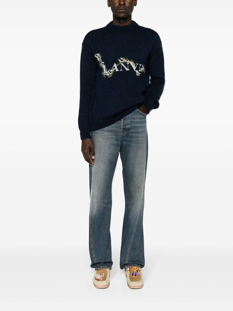 Blue Whiskering-effect Straight-leg Jeans