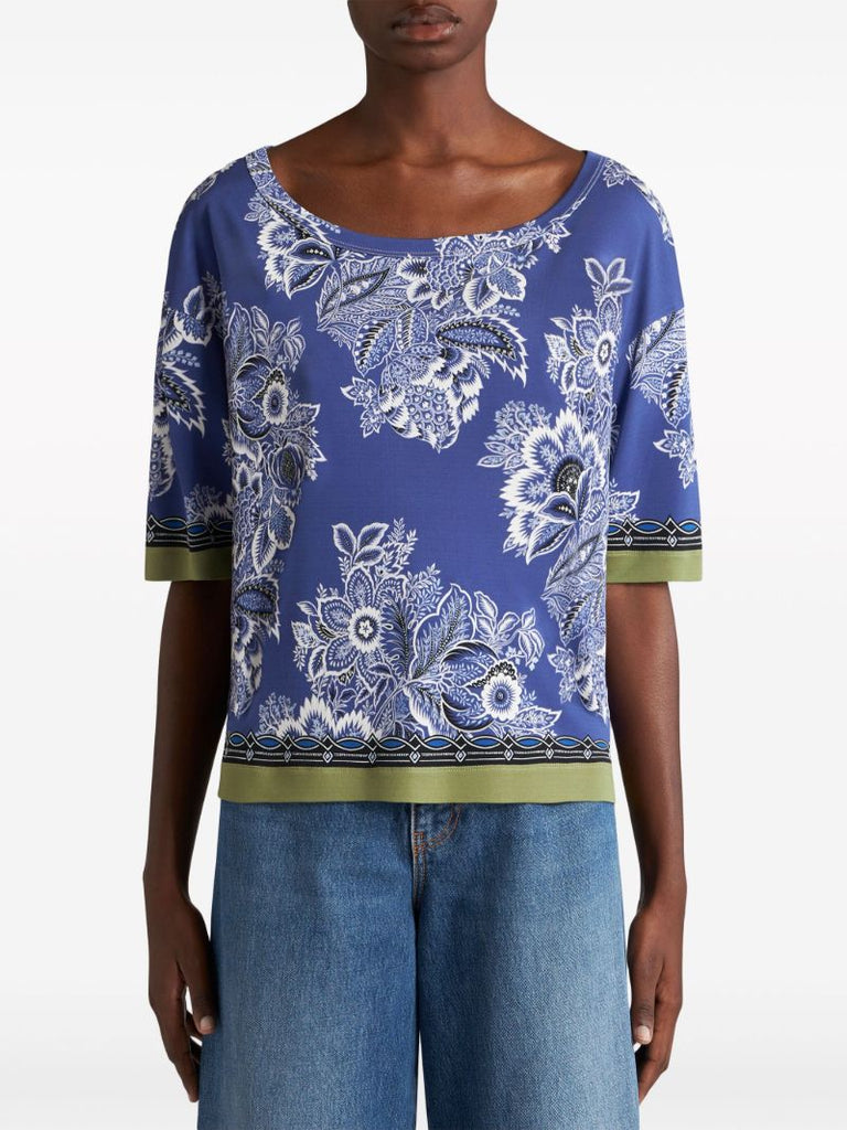 Blue Floral-print T-shirt