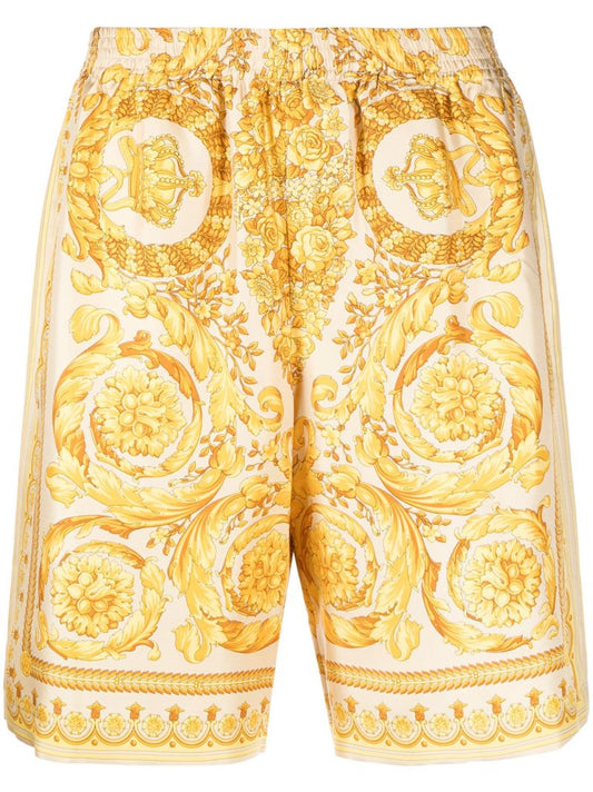 Yellow Barocco-print Silk Shorts
