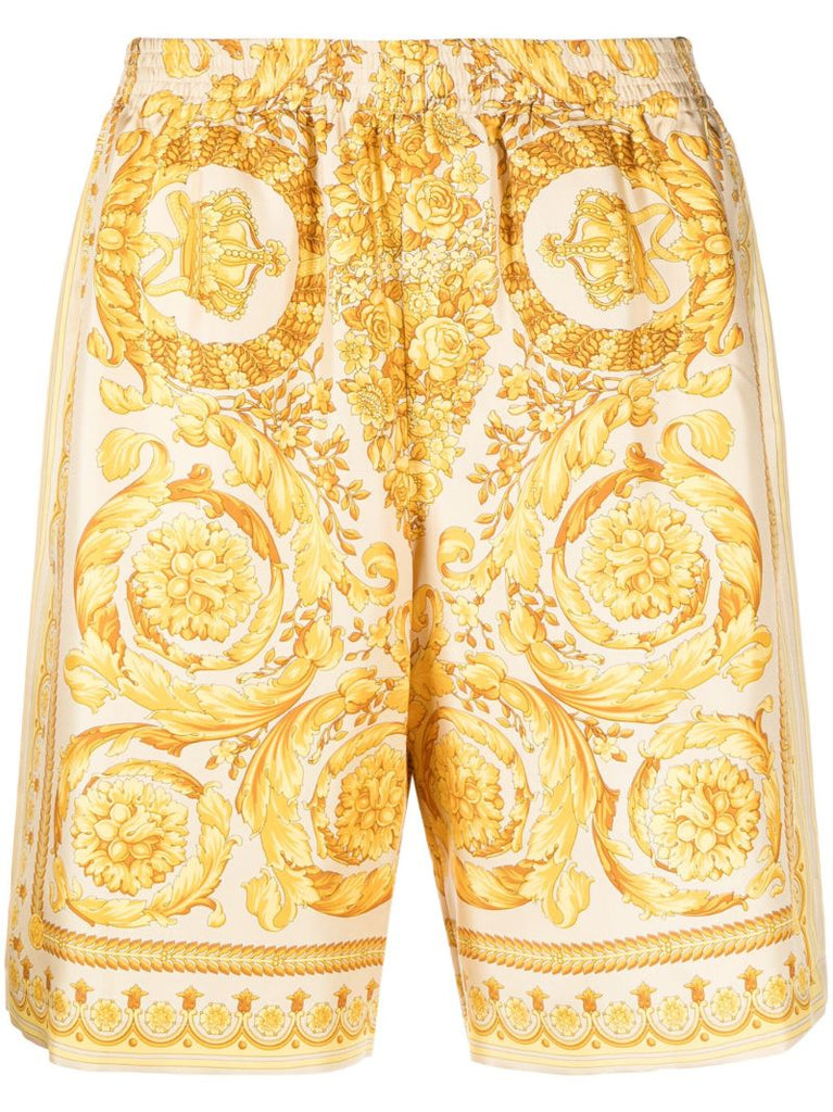 Yellow Barocco-print Silk Shorts