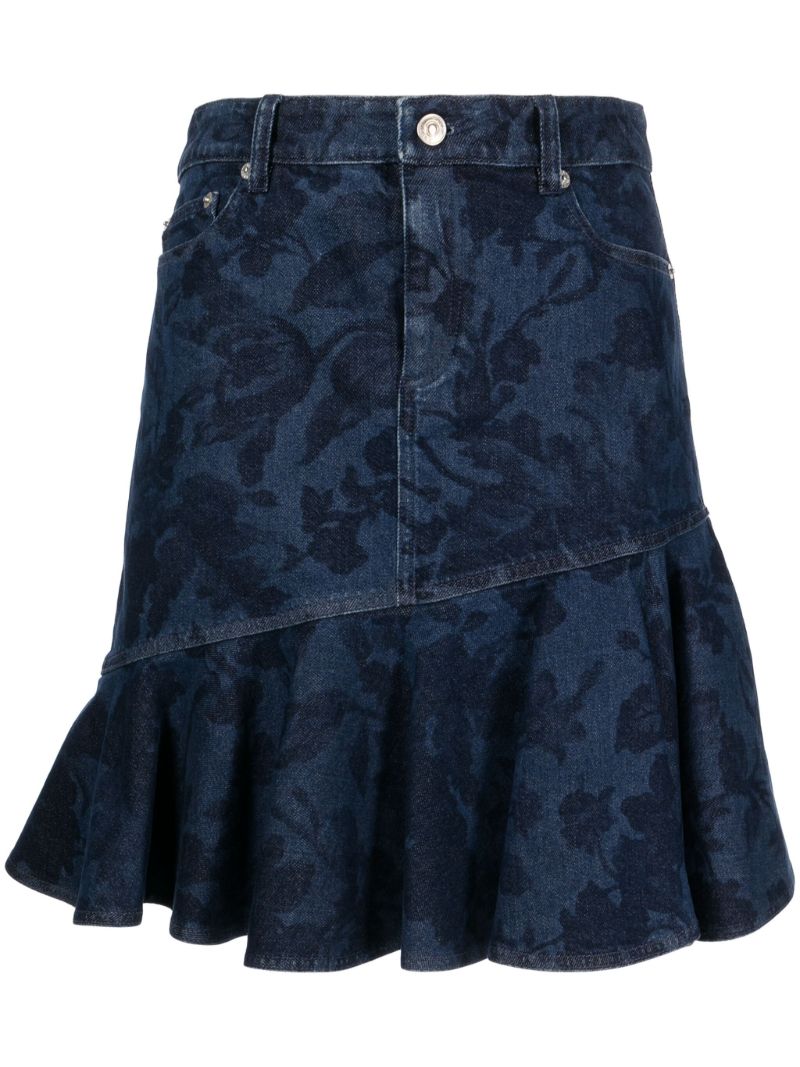Blue Floral-jacquard Denim Skirt