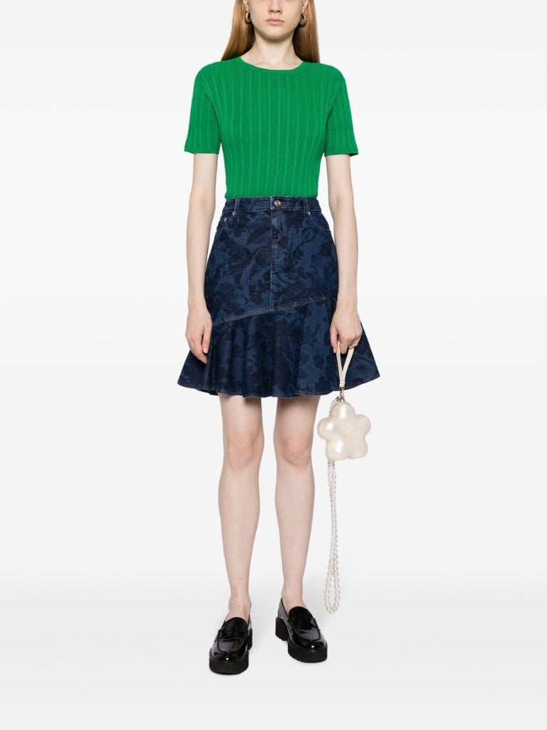 Blue Floral-jacquard Denim Skirt