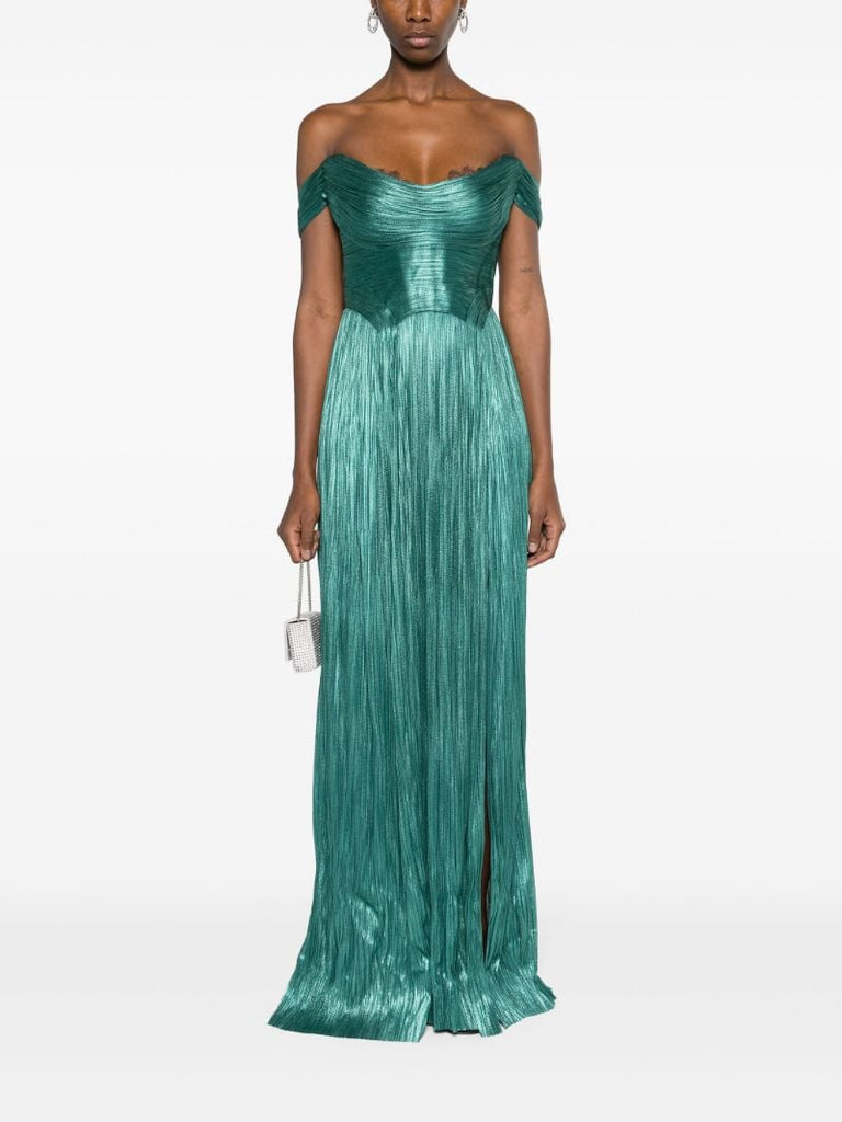 Green Sharon Pleated Silk Gown