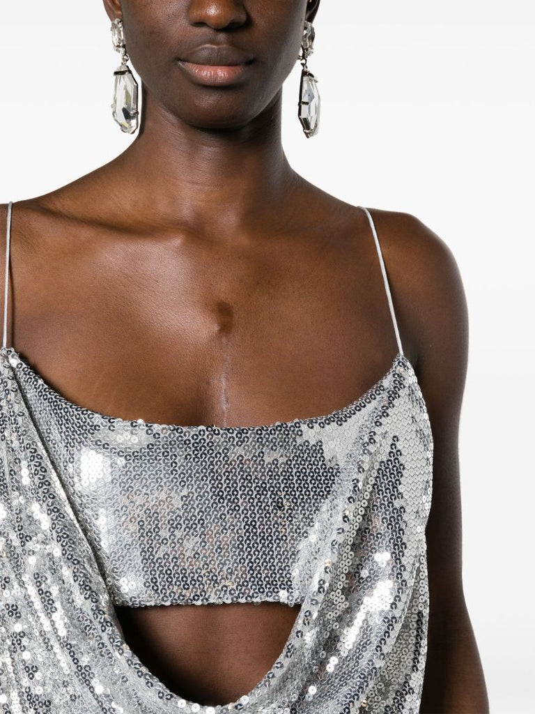 Silver-tone Draped Sequinned Mini Dress