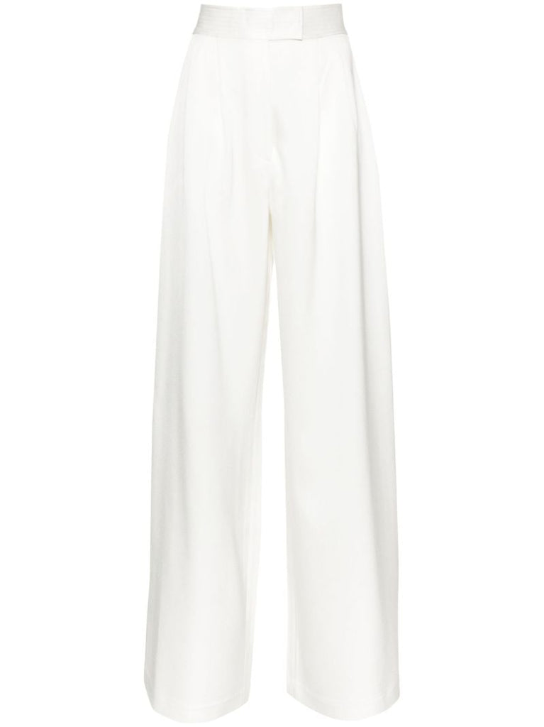 White Pleat-detail Wide-leg Satin Trousers