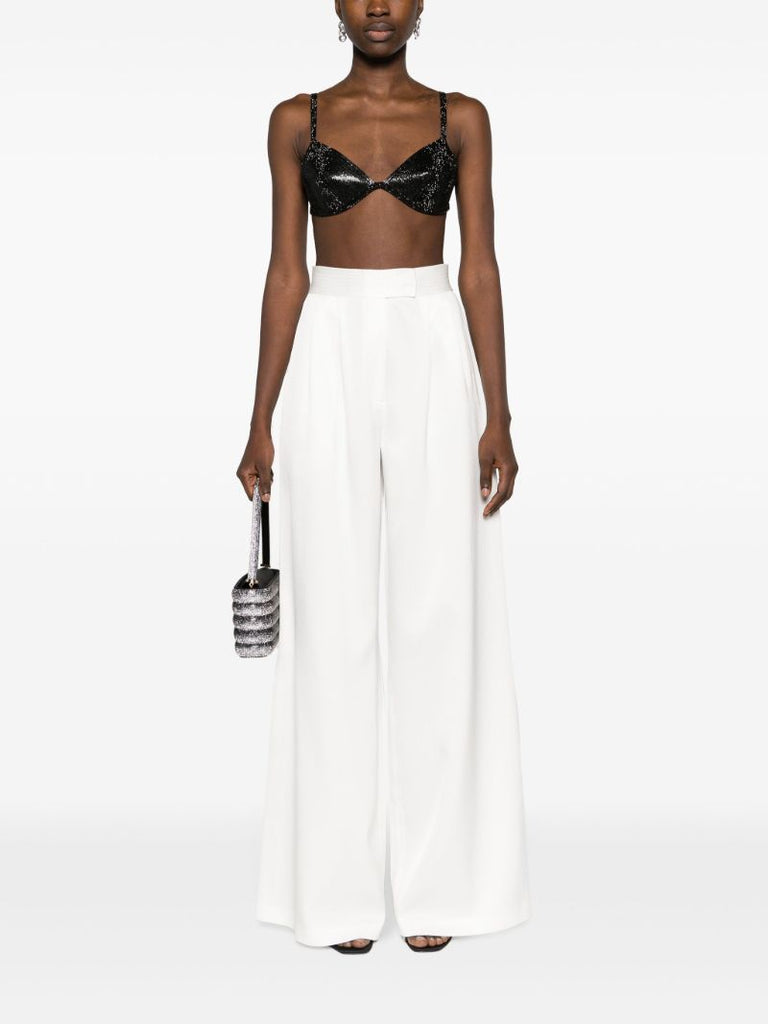 White Pleat-detail Wide-leg Satin Trousers