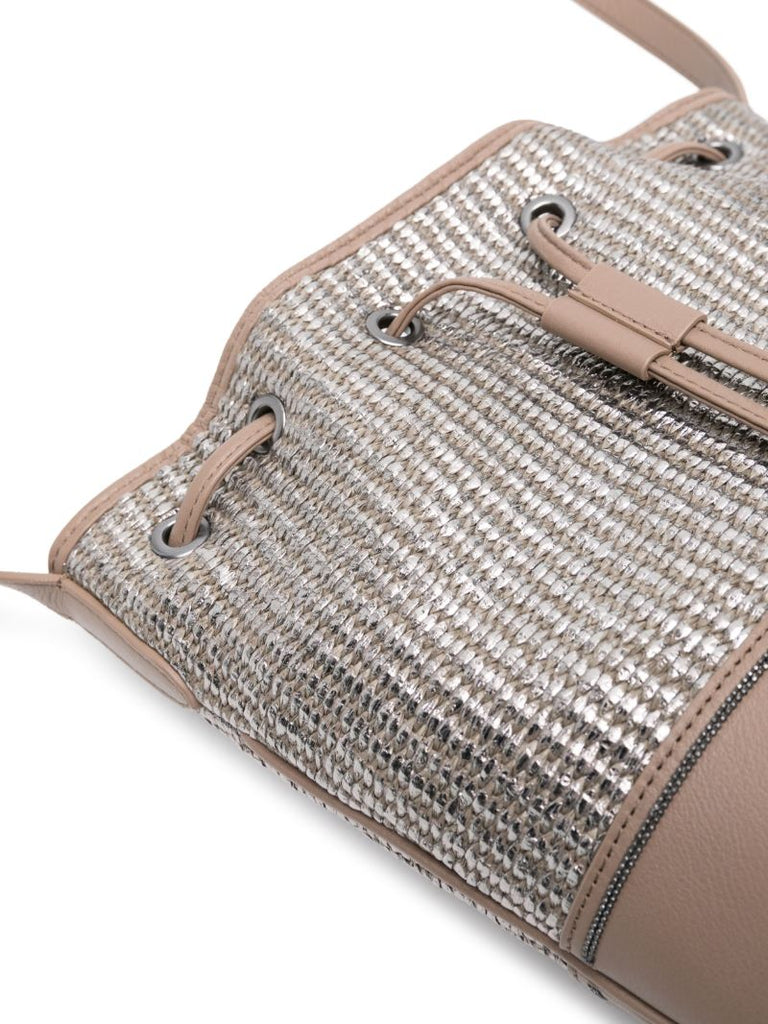Brown Metallic Raffia Bucket Bag