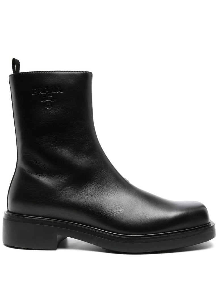 Black Logo-debossed Leather Boots