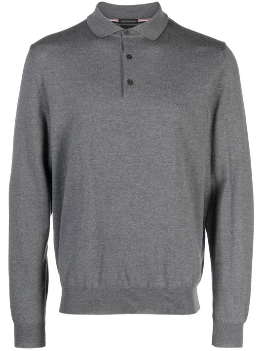 Grey Logo Embroidered Wool Polo Sweater