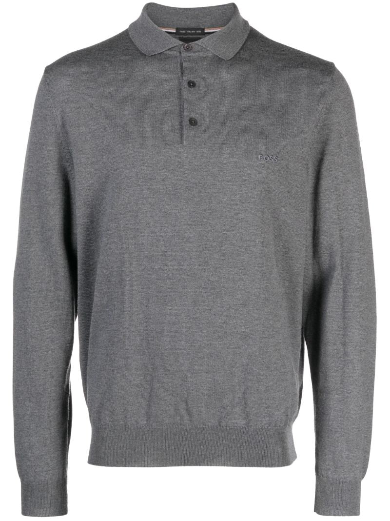 Grey Logo Embroidered Wool Polo Sweater
