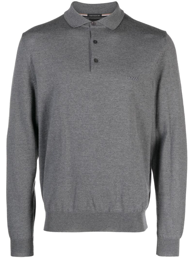 Grey Logo Embroidered Wool Polo Sweater