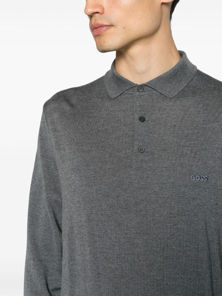 Grey Logo Embroidered Wool Polo Sweater
