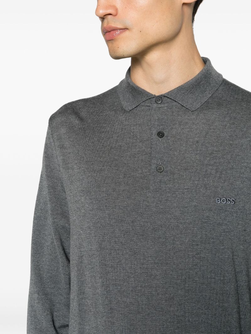 Grey Logo Embroidered Wool Polo Sweater