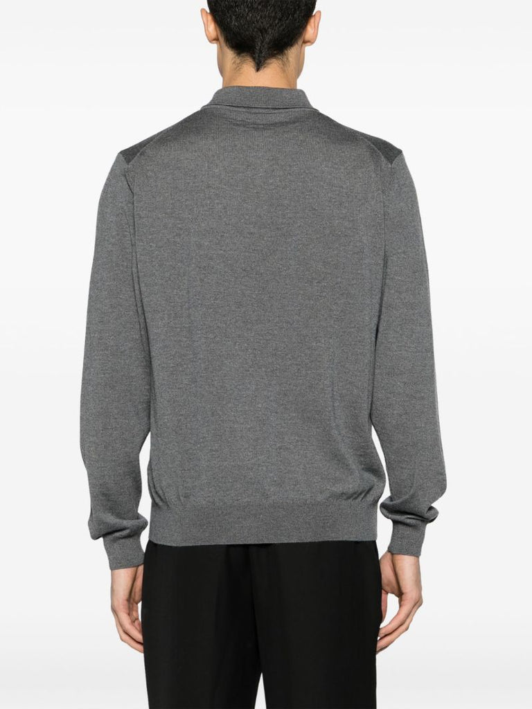 Grey Logo Embroidered Wool Polo Sweater