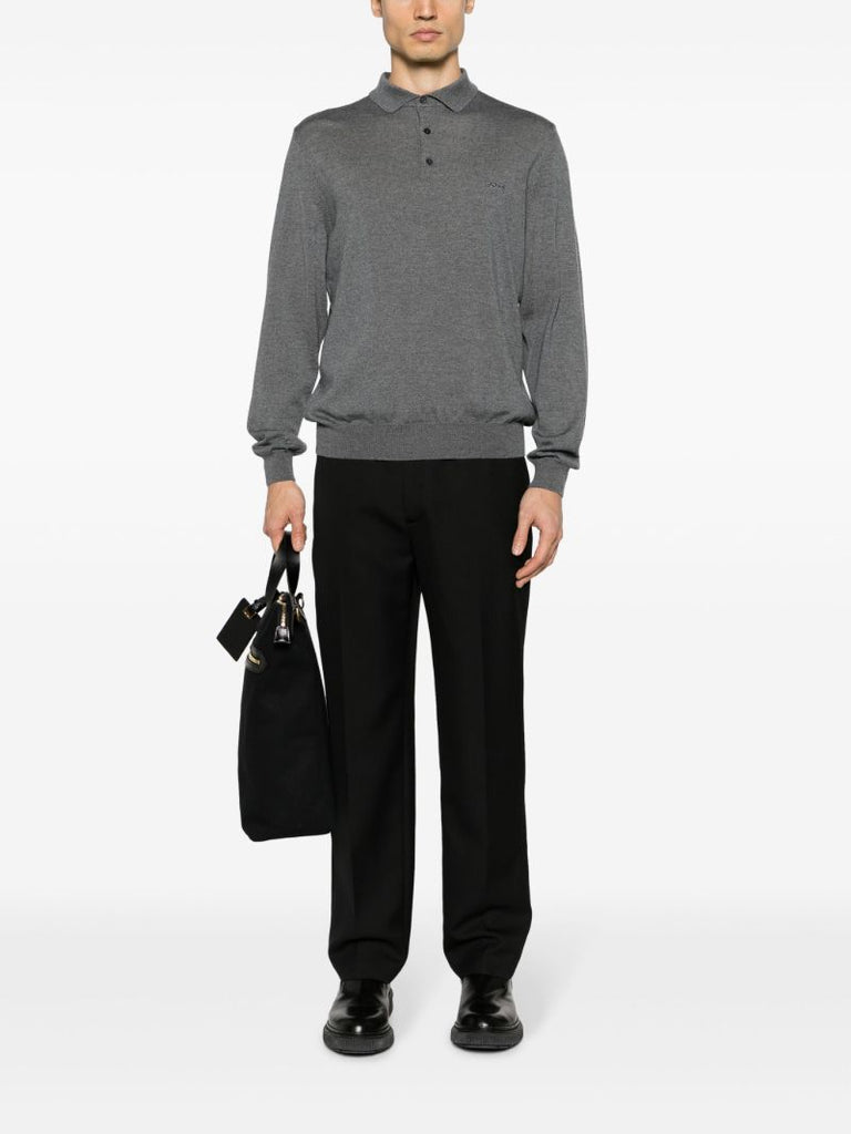 Grey Logo Embroidered Wool Polo Sweater