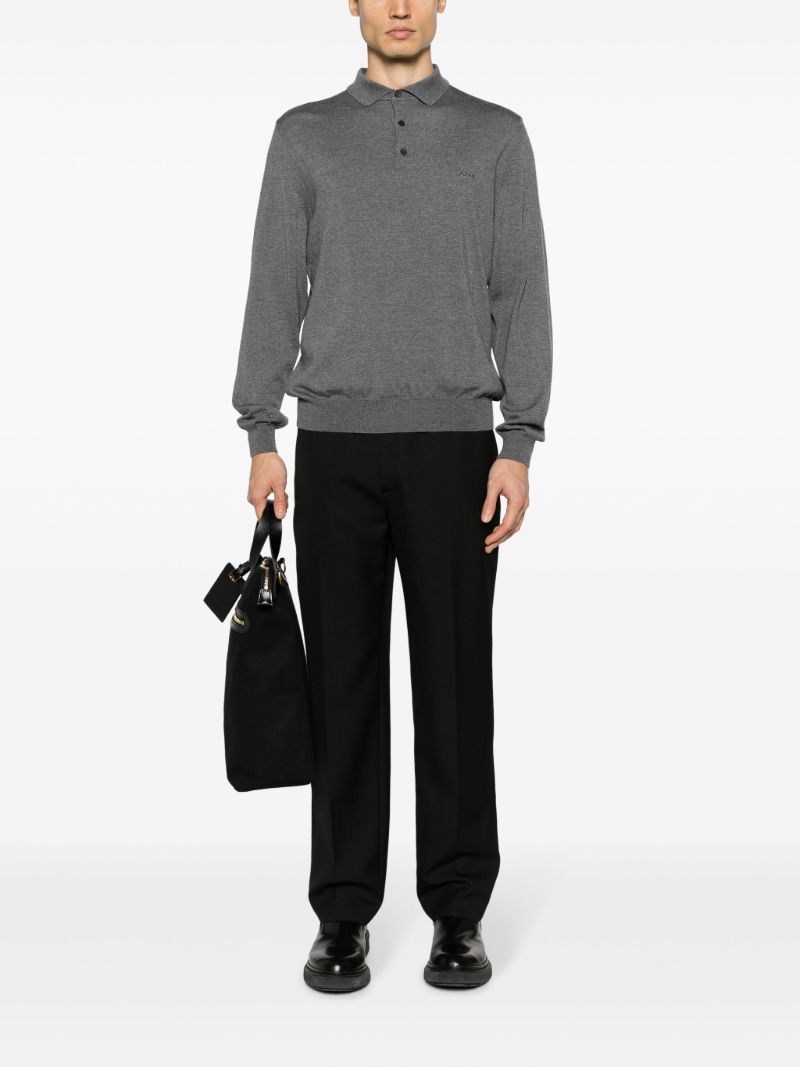 Grey Logo Embroidered Wool Polo Sweater