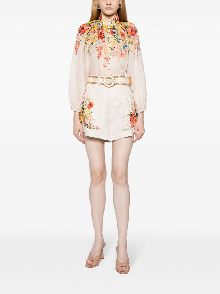 White Alight Floral-print Linen Shorts
