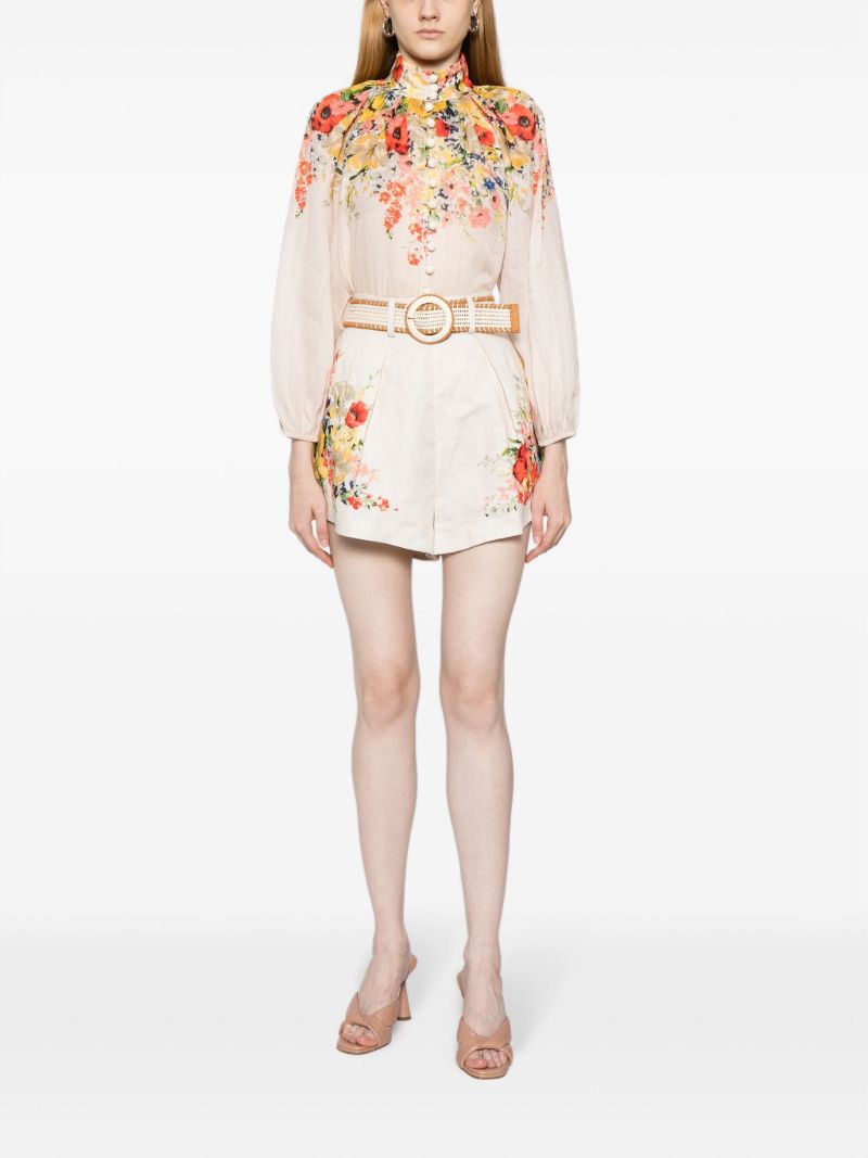 White Alight Floral-print Linen Shorts