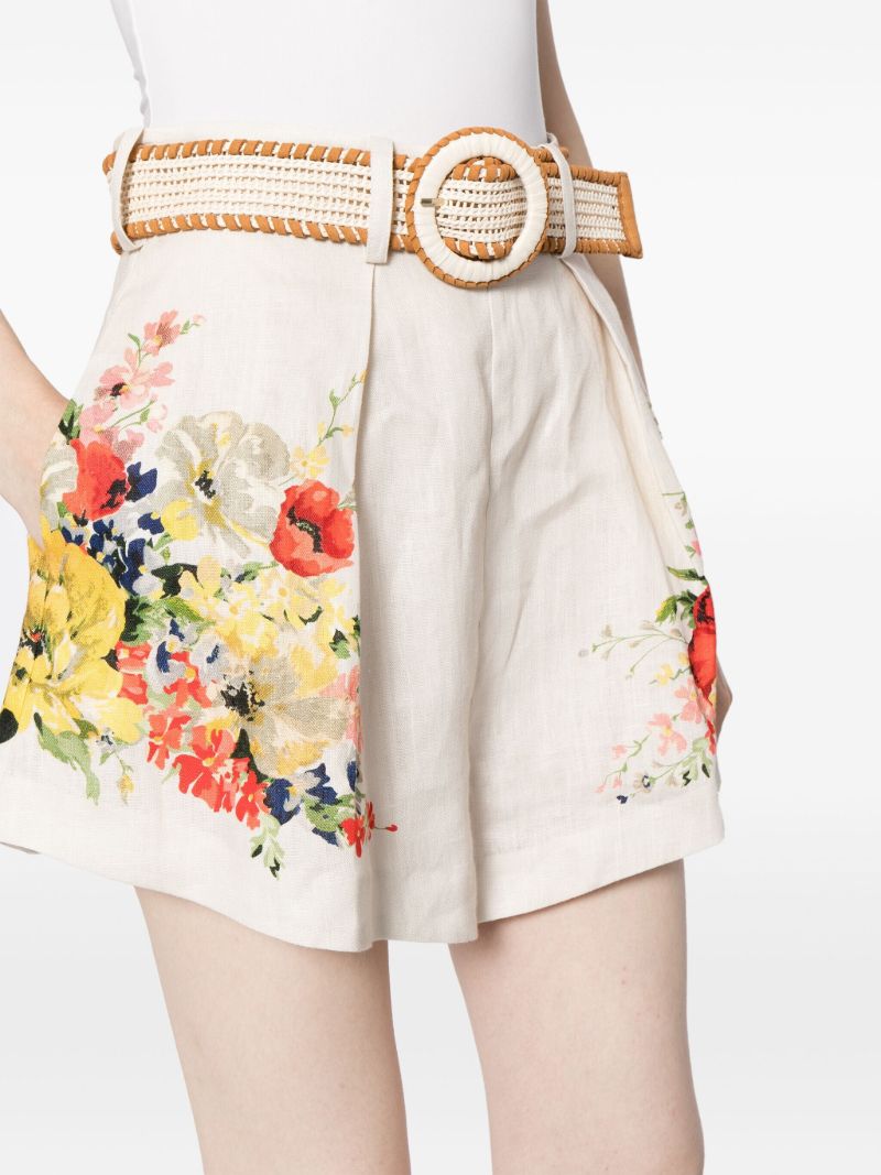 White Alight Floral-print Linen Shorts