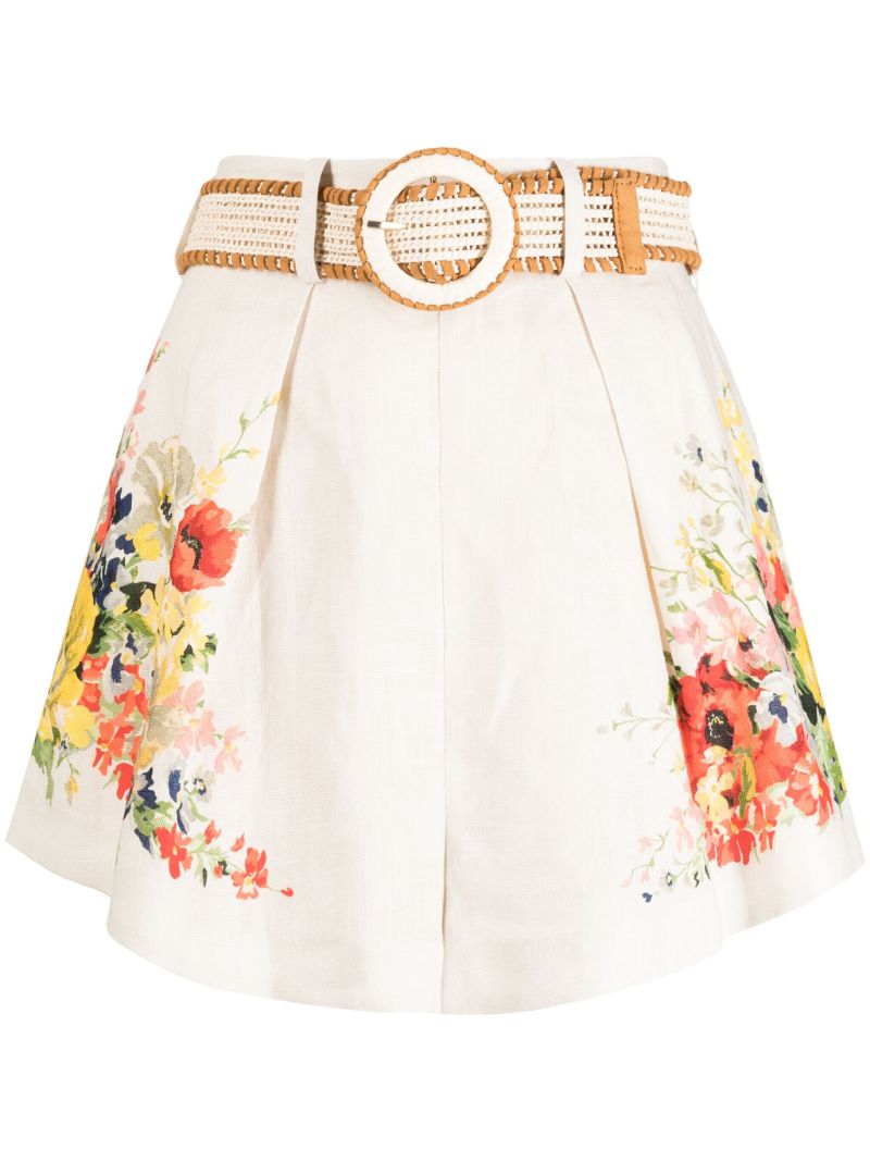 White Alight Floral-print Linen Shorts