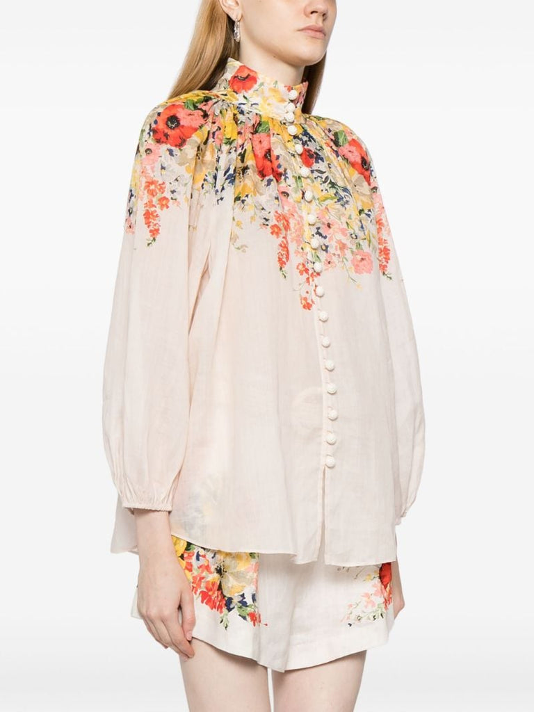White Alight Floral-print Ramie Blouse