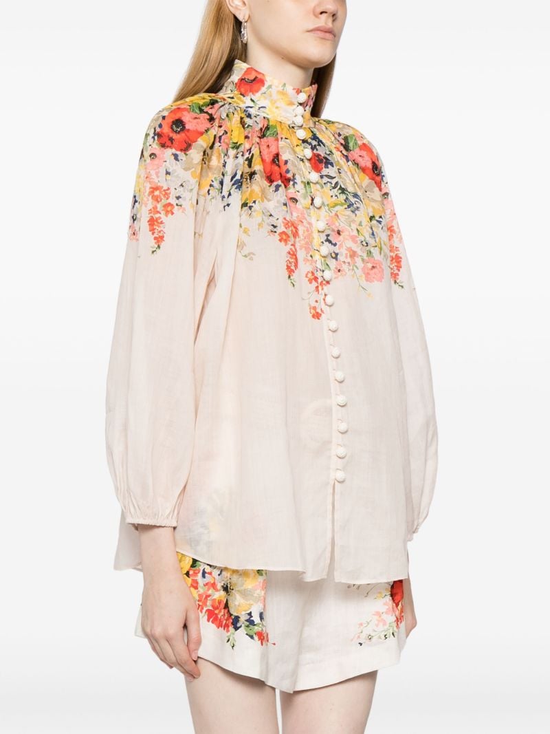 White Alight Floral-print Ramie Blouse