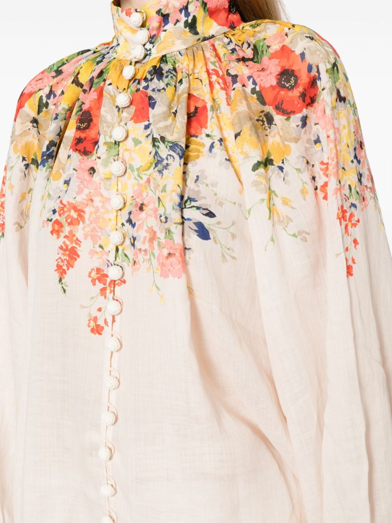 White Alight Floral-print Ramie Blouse