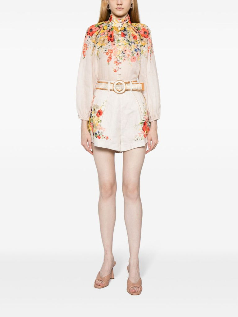 White Alight Floral-print Ramie Blouse