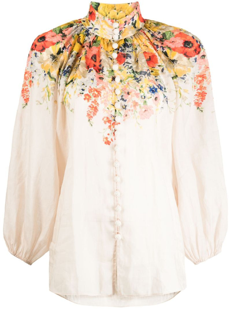 White Alight Floral-print Ramie Blouse