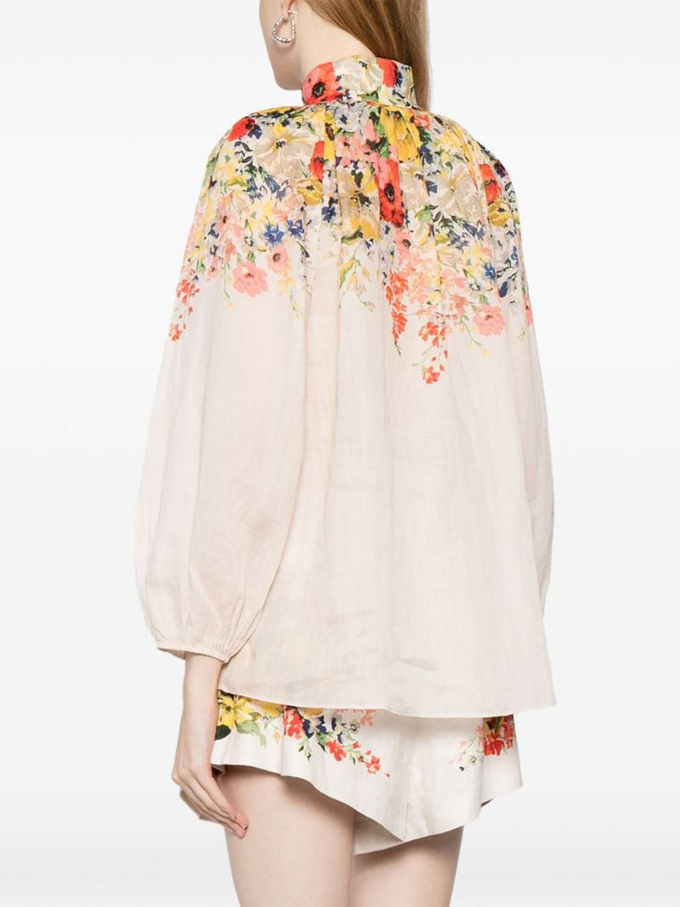 White Alight Floral-print Ramie Blouse