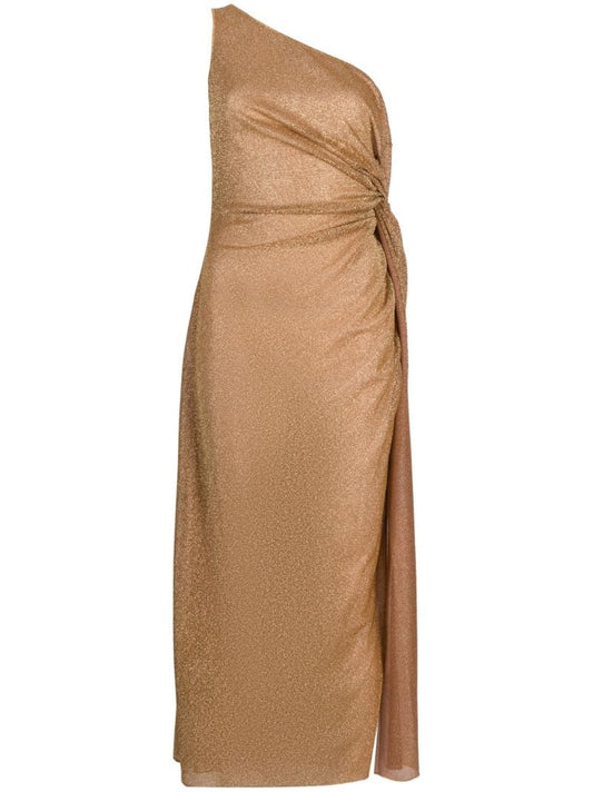 Brown Lurex Gathered One-shoulder Dress