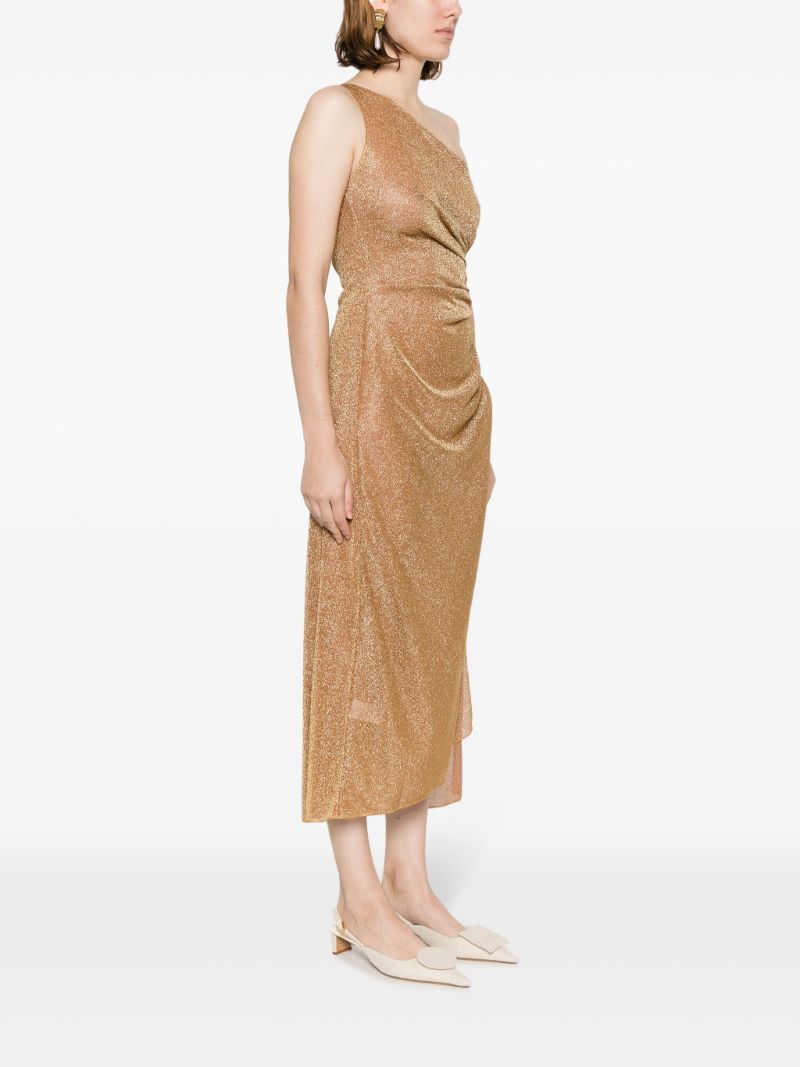 Brown Lurex Gathered One-shoulder Dress