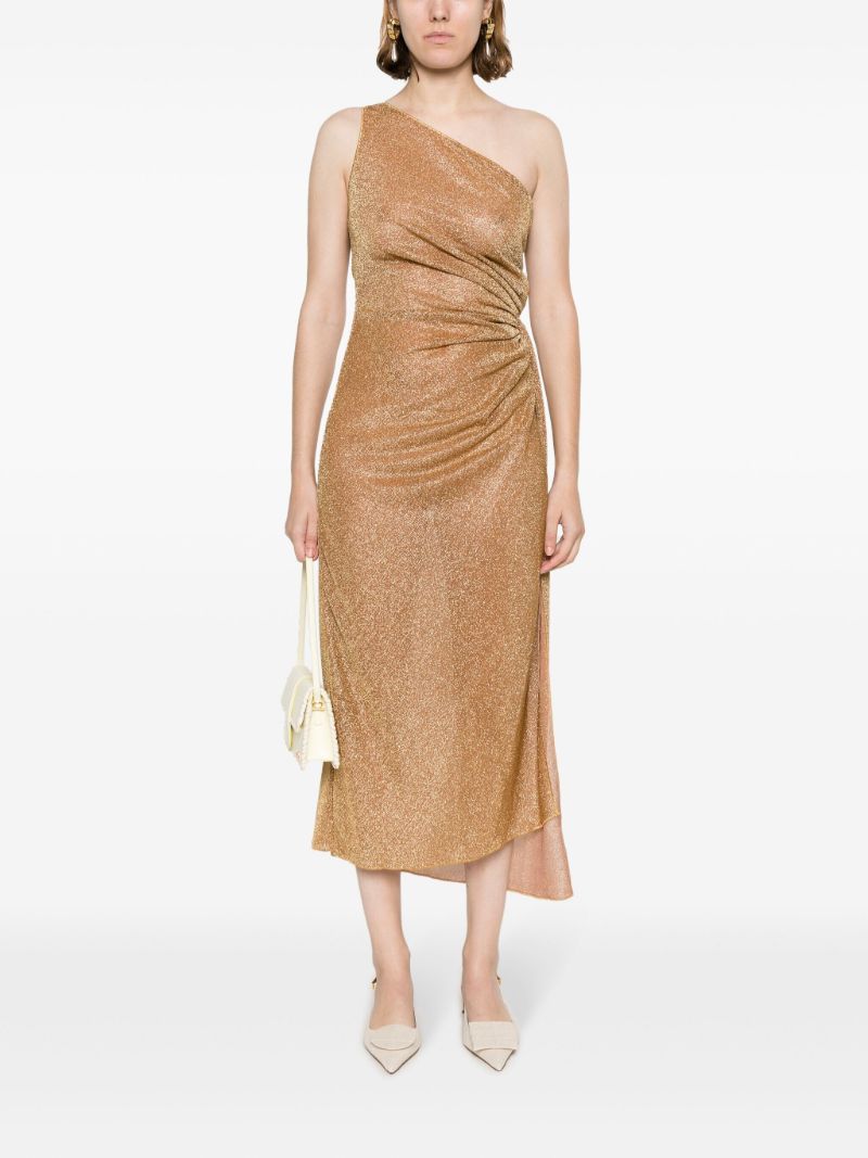 Brown Lurex Gathered One-shoulder Dress
