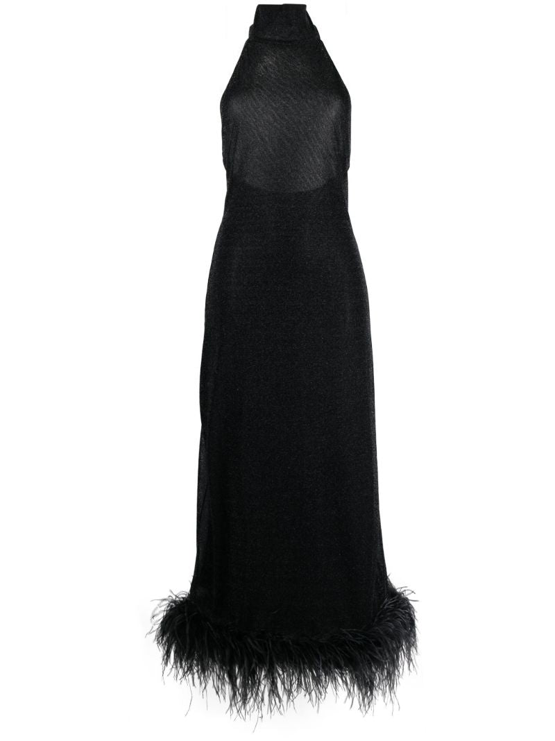 Black Feather-trim Halterneck Maxi Dress