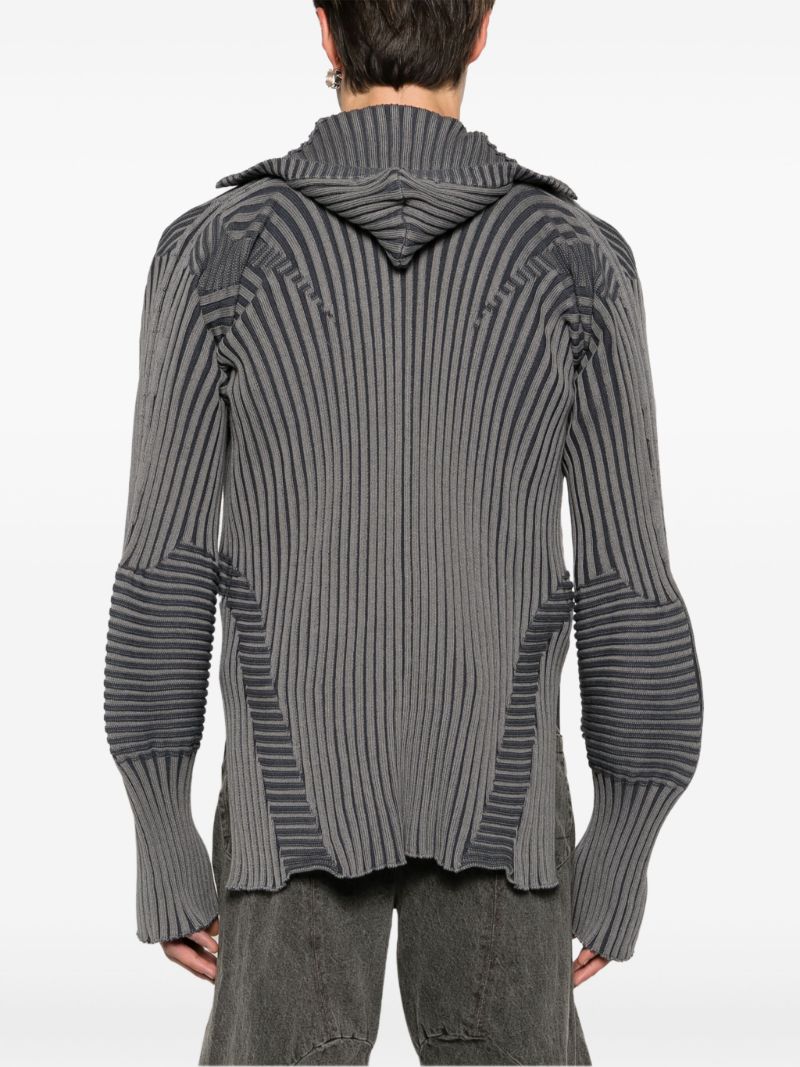 Grey Ribbed-knit Zip-up Hoodie