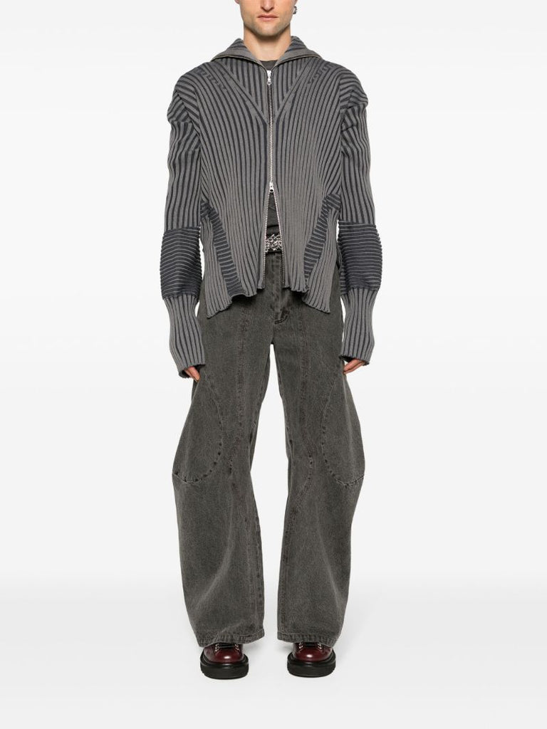 Grey Ribbed-knit Zip-up Hoodie